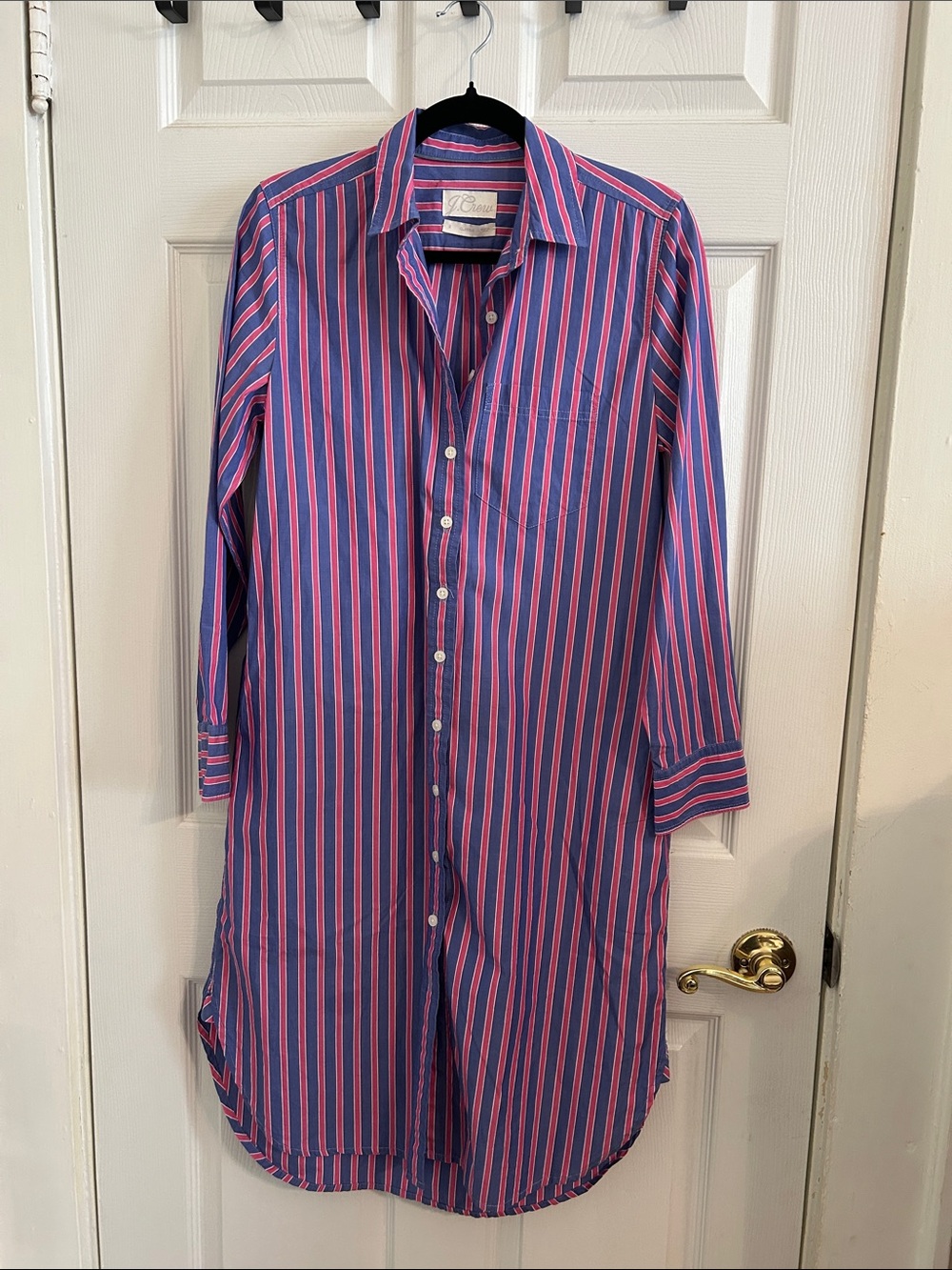 J. Crew Womens Vertical Stripe Shirt Dress Collar Button-Up Blue & Pink Pockets